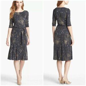 Tory Burch Sz XS Belted Shift Dress Pleated Drop Waist Slinky Brown Blue Stretch